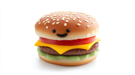 Adorable cartoon-style burger with fun expression, bright colors, isolated on white, designed for kid mealsの素材