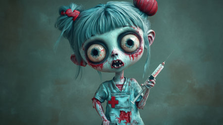 Adorable zombie nurse with syringe, big eyes, ripped uniform, Halloween theme, fun and spooky, cartoon styleの素材