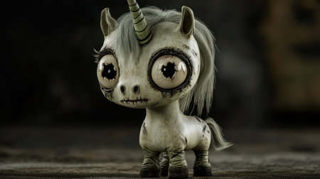 Adorable zombie unicorn with a quirky crooked horn, big eyes, cartoon style, playful Halloween theme, spooky charmの素材