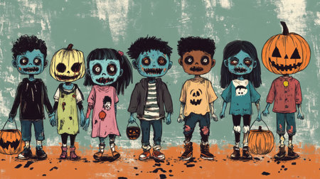 A whimsical group of zombie kids in colorful costumes, each with oversized heads, joyfully trick-or-treating, captured in a vibrant cartoon style for Halloween.の素材