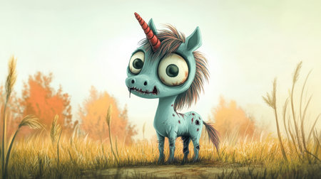 Adorable zombie unicorn with a quirky crooked horn, big eyes, cartoon style, playful Halloween theme, spooky charmの素材
