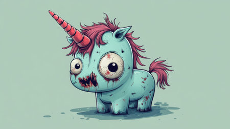 An adorable zombie unicorn with a crooked horn and tattered mane, featuring big eyes and a playful expression, depicted in a colorful cartoon style for Halloween.の素材