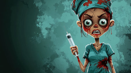 Adorable zombie nurse with syringe, big eyes, ripped uniform, Halloween theme, fun and spooky, cartoon styleの素材