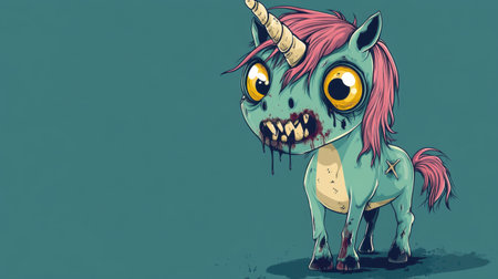 An adorable zombie unicorn with a crooked horn and tattered mane, featuring big eyes and a playful expression, depicted in a colorful cartoon style for Halloween.の素材