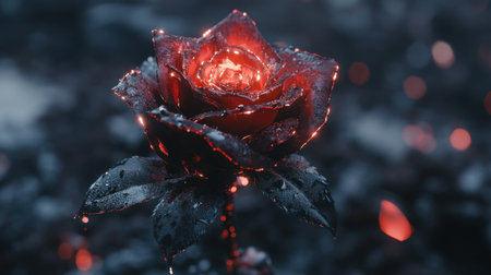 Beautiful red rose with glowing, sparkly light, magical realism effect, symbolizing romance in 3D, Valentine Day themeの素材