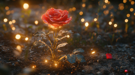 Beautiful red rose with glowing, sparkly light, magical realism effect, symbolizing romance in 3D, Valentine Day themeの素材