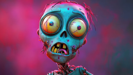 An adorable zombie robot with a dented head, exposed wires, and big eyes, showcasing a playful and spooky demeanor in a colorful cartoon style for Halloween.の素材