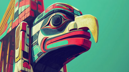 An intricate sketch of a Native American totem pole, highlighting rich colors and cultural significance, celebrating the artistry and heritage of indigenous traditionsの素材