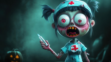 Cartoon zombie nurse with tattered scrubs and wide eyes, holding syringe, Halloween concept, endearing and spooky vibeの素材
