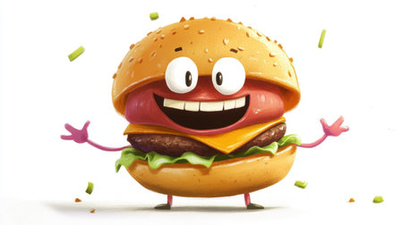 Cartoon burger with exaggerated features, bold colors, isolated on white, fun and quirky design, playful food illustrationの素材