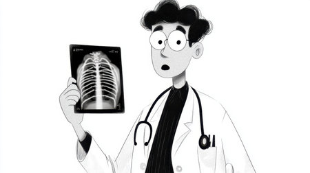 Cartoon doctor holding X-ray image, black and white style, medical examination concept, isolated on whiteの素材