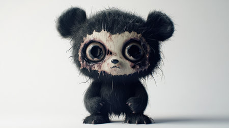 Cartoon zombie panda with big, expressive eyes and a playful demeanor, featuring tattered fur and set against a bright white backdrop.の素材