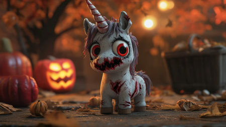 Charming cartoon zombie unicorn with a crooked horn and tattered mane, displaying a playful expression and big eyes, set against a Halloween backdrop.の素材