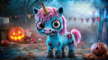 Charming cartoon zombie unicorn with a crooked horn and tattered mane, displaying a playful expression and big eyes, set against a Halloween backdrop.の素材