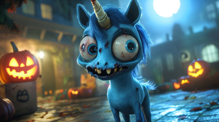 Charming cartoon zombie unicorn with a crooked horn and tattered mane, displaying a playful expression and big eyes, set against a Halloween backdrop.の素材