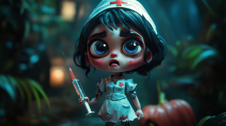 Cute zombie nurse character, big eyes, syringe, Halloween theme, torn outfit, cartoon style with playful and spooky vibeの素材