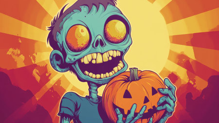 Cute cartoon zombie with exaggerated features and a big smile, happily holding a pumpkin, set against a vibrant Halloween backdropの素材