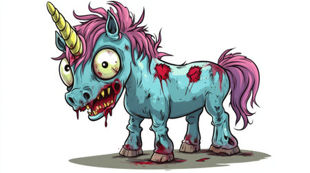 Cute zombie unicorn with a crooked horn and colorful tattered mane, showcasing a playful demeanor with big eyes, illustrated in a vibrant cartoon style.の素材