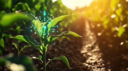 Emerging plant with cyber symbols hovering above, vibrant farm background, symbolizing smart agriculture and 4.0 farming techの素材