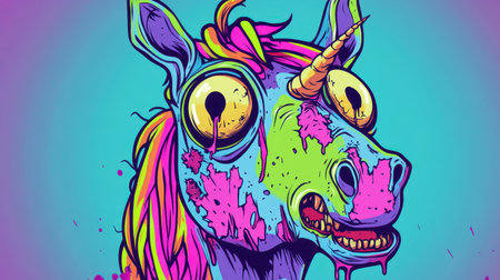 Cute zombie unicorn with a crooked horn and colorful tattered mane, showcasing a playful demeanor with big eyes, illustrated in a vibrant cartoon style.の素材