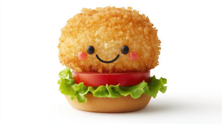 Cute kids meal burger with smiling face, cartoon style, vibrant colors, isolated on white, playful and appetizingの素材