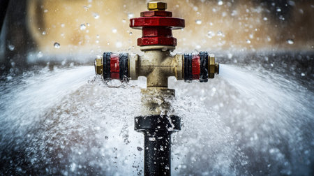 Detailed shot of a fire suppression system pumping water, showcasing its essential role in safety infrastructure, vital for public safety with a powerful and reliable design.の素材