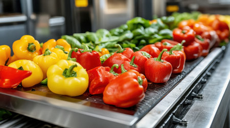 Close-up of a conveyor belt loaded with vibrant produce in a food processing facility, highlighting cleanliness and reliability in essential food industry operations.の素材