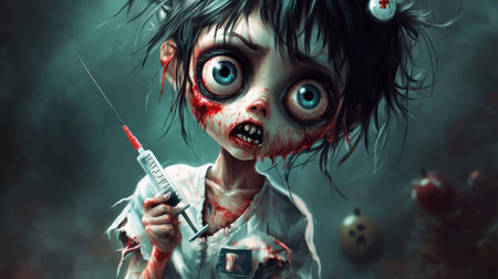 Cute zombie nurse with big eyes, holding syringe, tattered uniform, cartoon style, Halloween theme, spooky yet playfulの素材