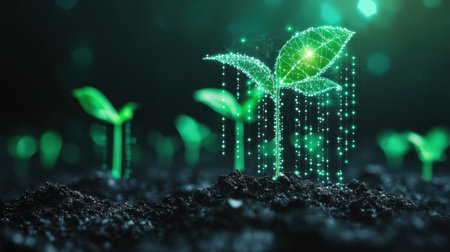 Emerging plant with cyber symbols hovering above, vibrant farm background, symbolizing smart agriculture and 4.0 farming techの素材