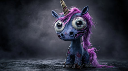 Cute zombie unicorn with big eyes, crooked horn, tattered mane, cartoon style, playful and spooky, Halloween vibeの素材