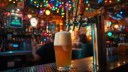 Close-up of a beer tap dispensing frothy beer into a pint glass, surrounded by a vibrant bar atmosphere with colorful lights, perfect for a lively social scene.の素材