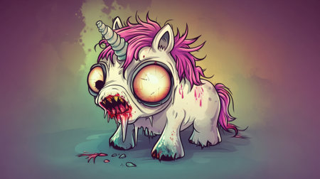 Cute zombie unicorn with big eyes, crooked horn, tattered mane, cartoon style, playful and spooky, Halloween vibeの素材