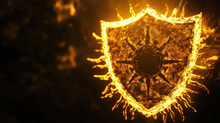 Glowing shield blocking a Trojan virus symbol, set in a digital space, illustrating the importance of cybersecurityの素材