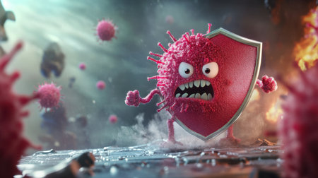 Cute virus character deflected by a determined shield, illustrating digital protection and data security, ample copy spaceの素材