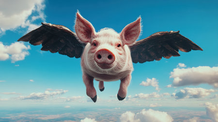 Fantasy pig with wings in flight, fluffy clouds and blue sky setting a surreal tone.の素材
