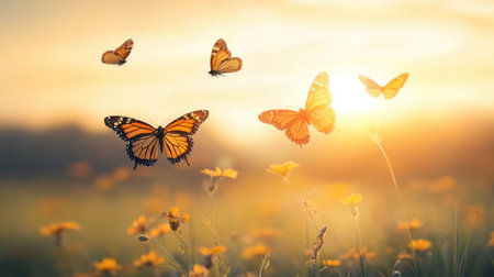 Dozens of monarch butterflies in graceful flight, glowing under the sun in a natural landscape.の素材