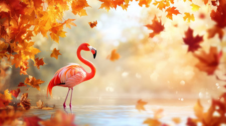 Flamingo surrounded by fall foliage, celebrating the beauty of autumn with a happy pose.の素材
