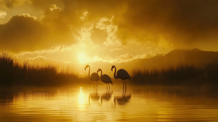 Graceful flamingos in silhouette, bathed in golden sunset light, creating a tranquil scene.の素材