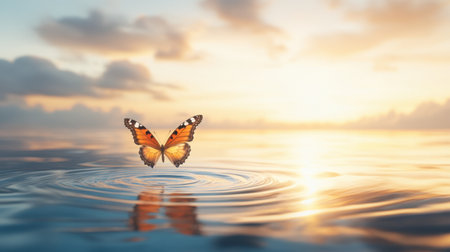 A delicate butterfly touches down on calm water, creating gentle ripples under a serene sky.の素材