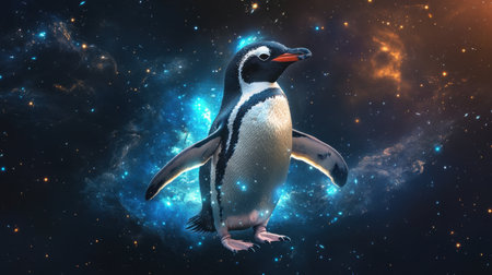 Majestic astral penguin against a dark galaxy, surrounded by stars and ethereal light.の素材