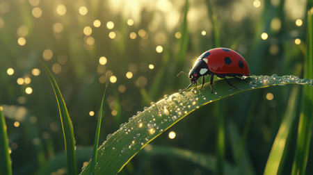 Ladybug perched on a grass blade, dew drops glistening around, a serene nature close-up.の素材