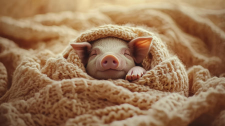 Cute mini pig wrapped in soft knit blanket, cozy setting with warm tones, peaceful vibe.の素材