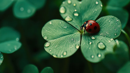 Close-up of ladybug on four-leaf clover, morning dew reflecting on vibrant green leaves.の素材