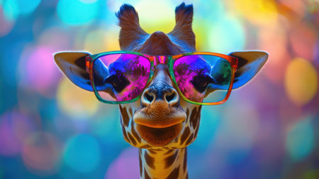 Surrealist giraffe in colorful glasses, whimsical background, blending wildlife with creativity.の素材