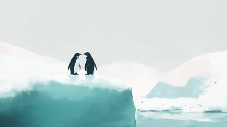 Penguins on an iceberg, flippers touching, symbolizing love and togetherness in a snowy scene.の素材