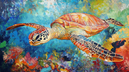 Turtle exploring the coral reef, bright colors and diverse marine life highlighting ocean beauty.の素材