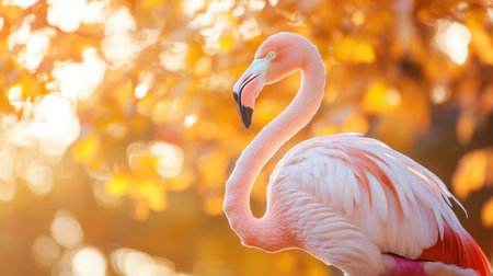 Playful flamingo enjoying autumn, set against warm seasonal hues in a cheerful portrait.の素材