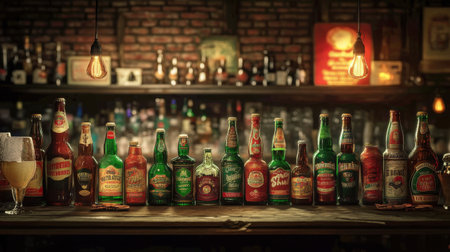 A colorful vintage-style beer advertisement featuring classic bottles and glasses, capturing a nostalgic essence with a lively and inviting atmosphere.の素材