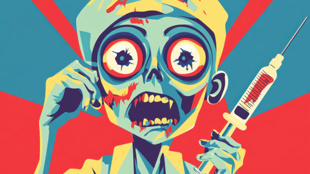 A playful zombie nurse with a tattered uniform and big eyes, holding a syringe, captured in a colorful cartoon style, adding a spooky flair for Halloweenの素材