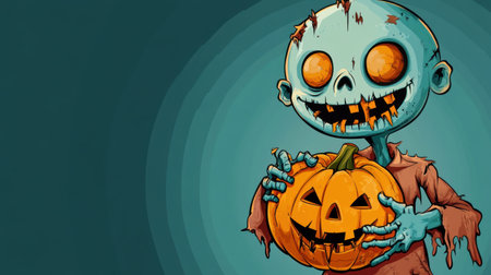 A cute zombie holding a pumpkin with a big smile, wearing tattered clothes and showcasing exaggerated features, illustrated in a colorful cartoon style for Halloween.の素材